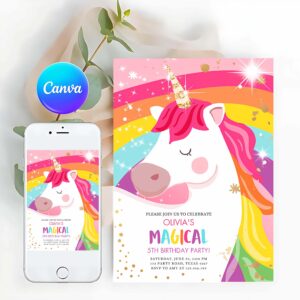 Rainbow Invitation, Magical Unicorn Party, Girl Pink Gold Unicorn Invite, Rainbow Invitation