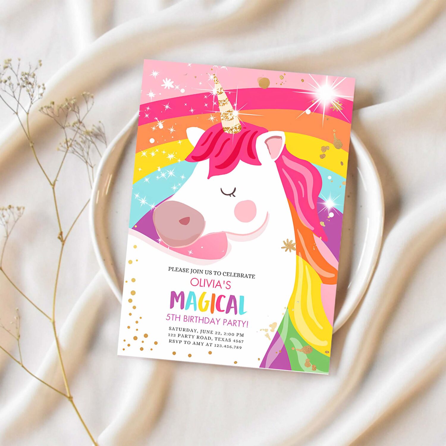 Editable unicorn birthday invitation magical unicorn party girl pink gold unicorn invite rainbow printable corjl template digital 0323 1