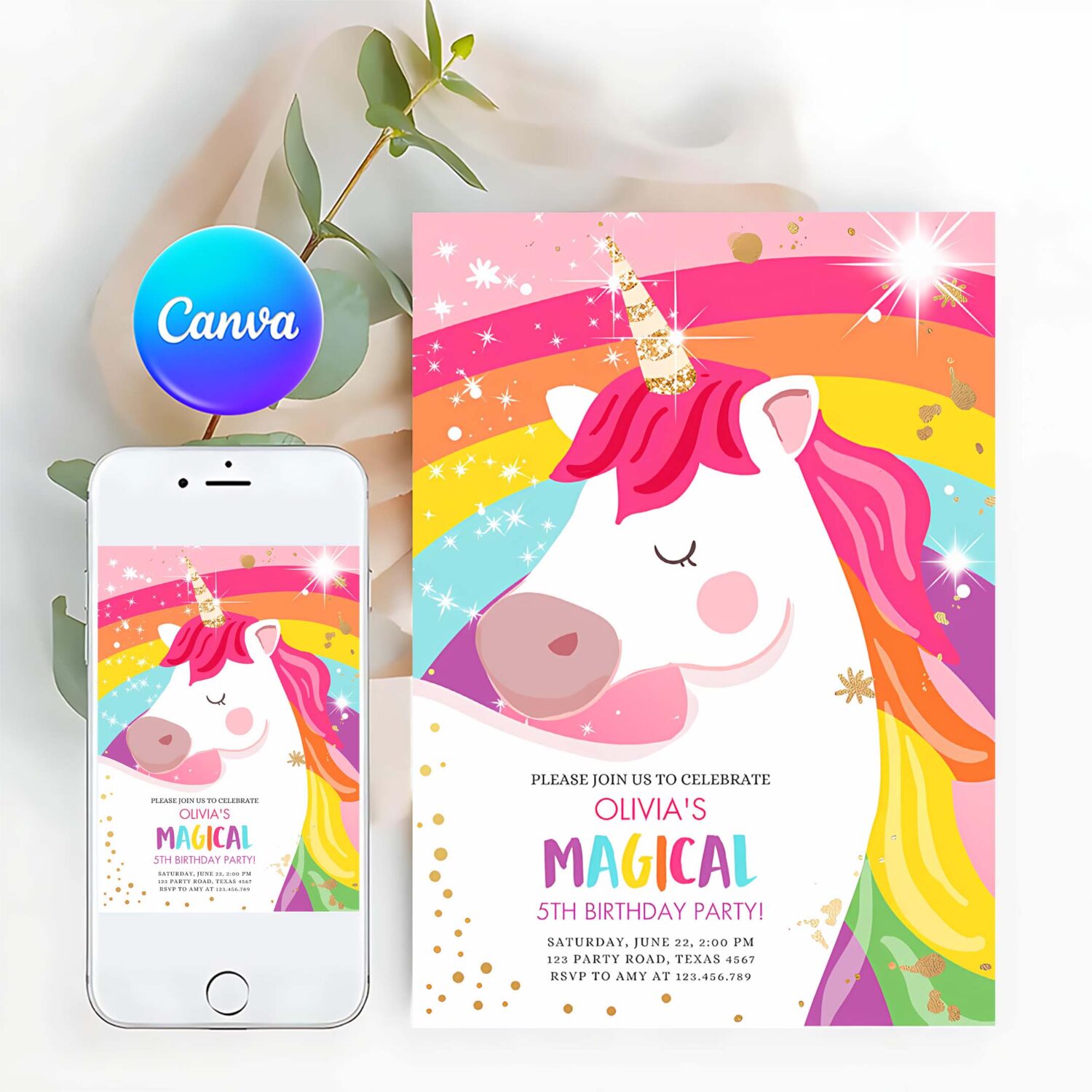 Editable unicorn birthday invitation magical unicorn party girl pink gold unicorn invite rainbow printable corjl template digital 0323