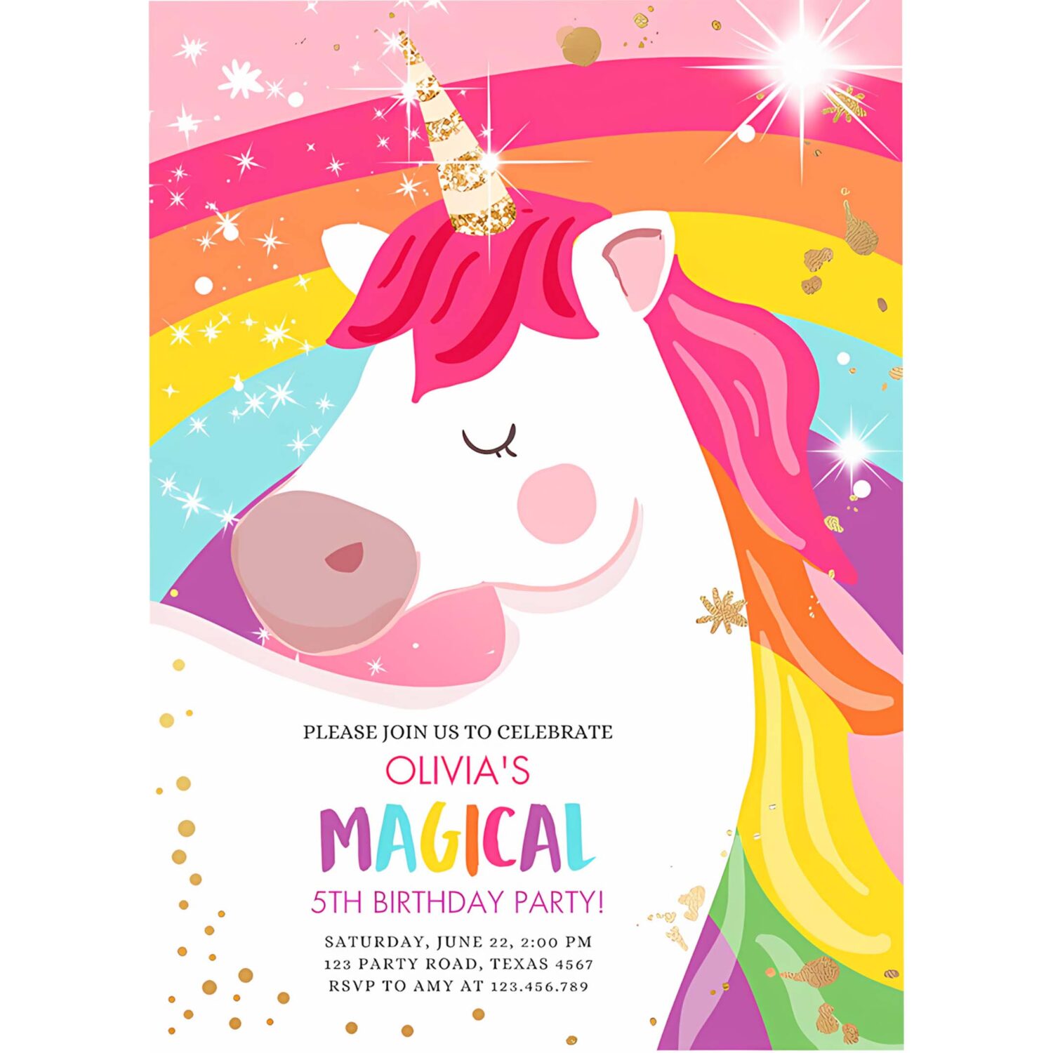 Editable unicorn birthday invitation magical unicorn party girl pink gold unicorn invite rainbow printable corjl template digital 0323 4