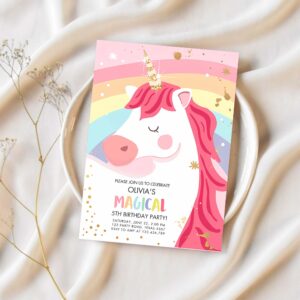 Editable unicorn birthday invitation unicorn party girl pink gold magical unicorn invite rainbow corjl template digital 0323 1