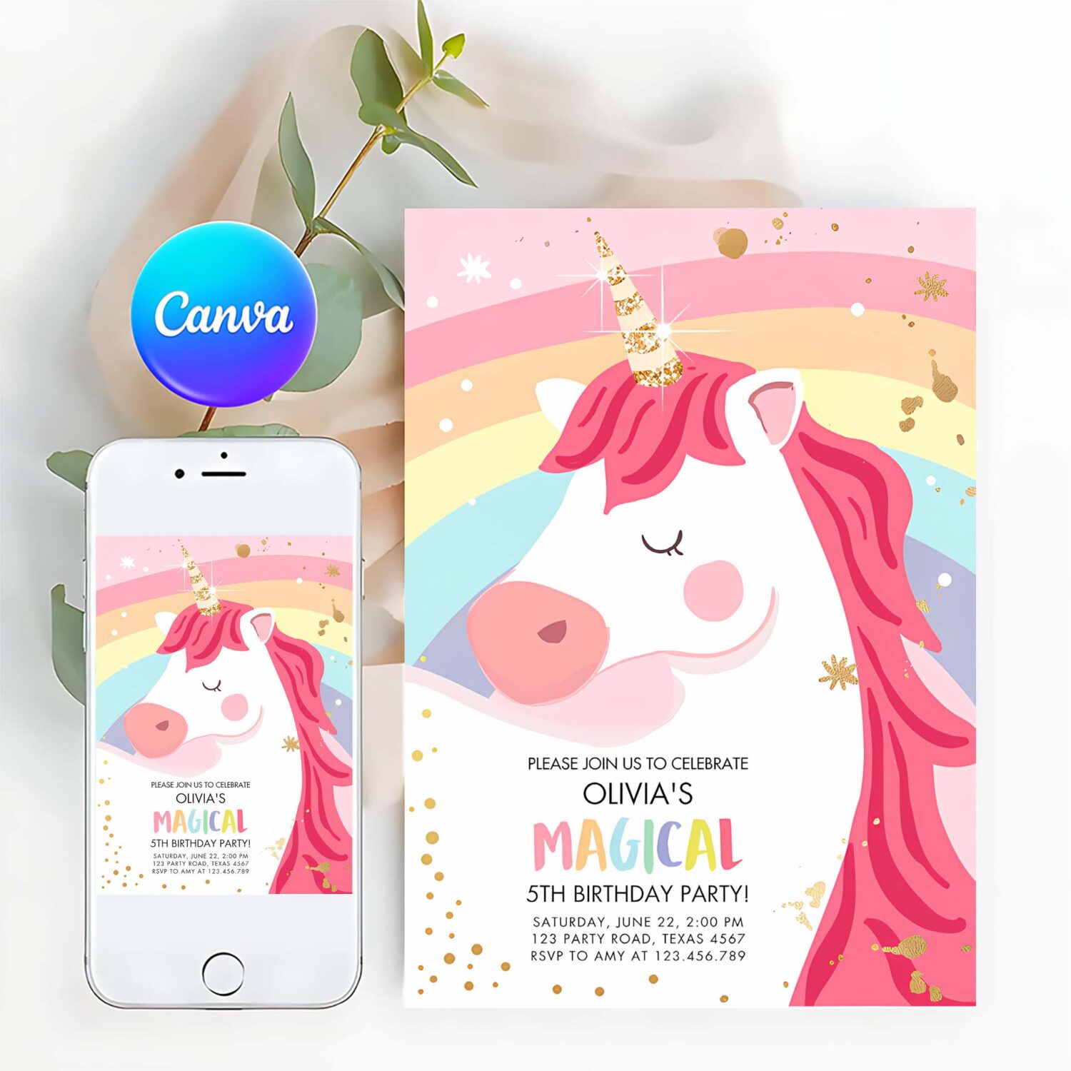 Editable unicorn birthday invitation unicorn party girl pink gold magical unicorn invite rainbow corjl template digital 0323