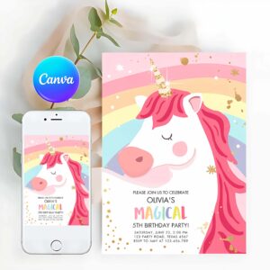 Unicorn Invitation, Party Girl Pink Gold Magical Unicorn Invitation