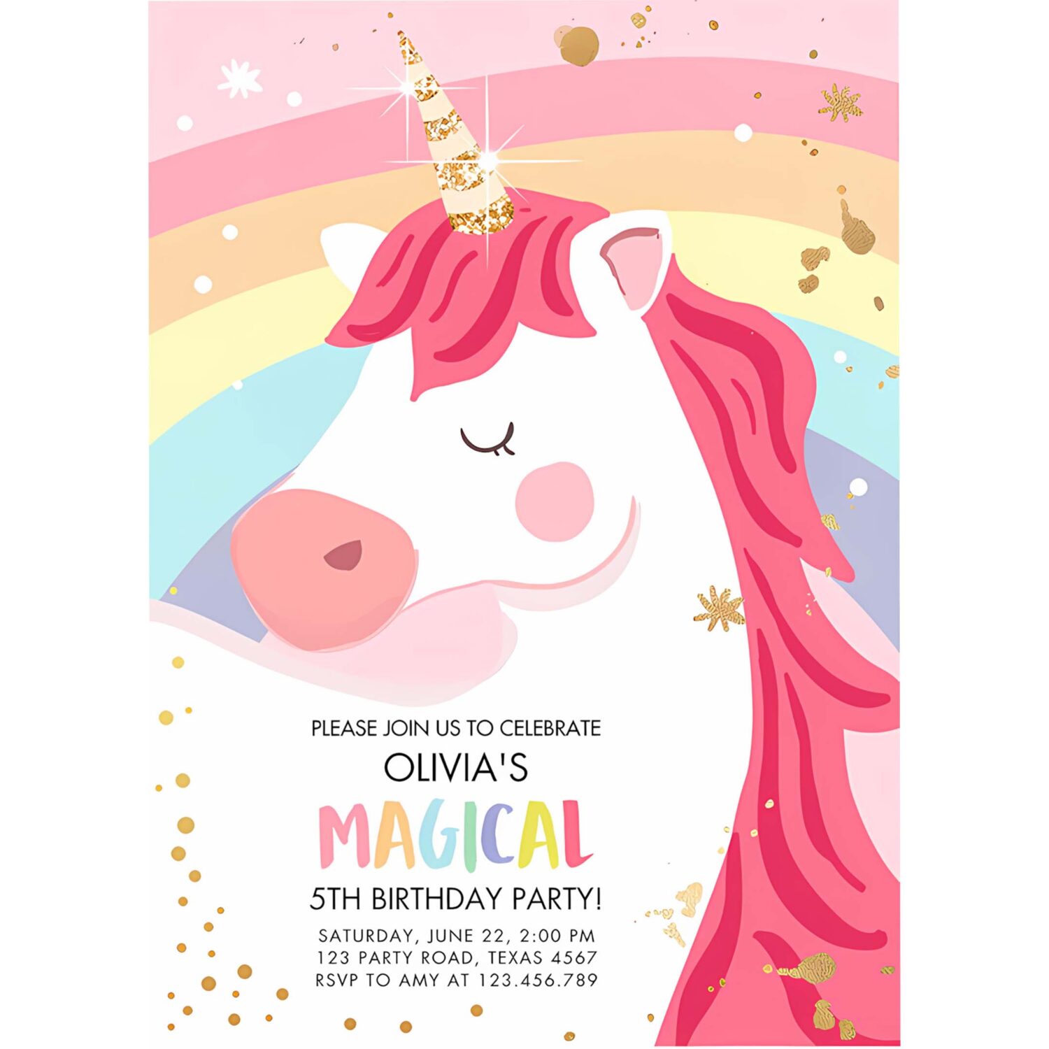Editable unicorn birthday invitation unicorn party girl pink gold magical unicorn invite rainbow corjl template digital 0323 4