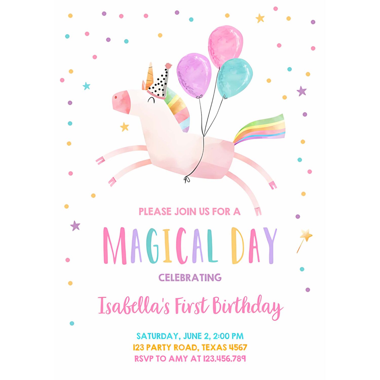 Editable unicorn birthday invitations magical party invite girl pink first birthday digital invite template rainbow download corjl 0336 4