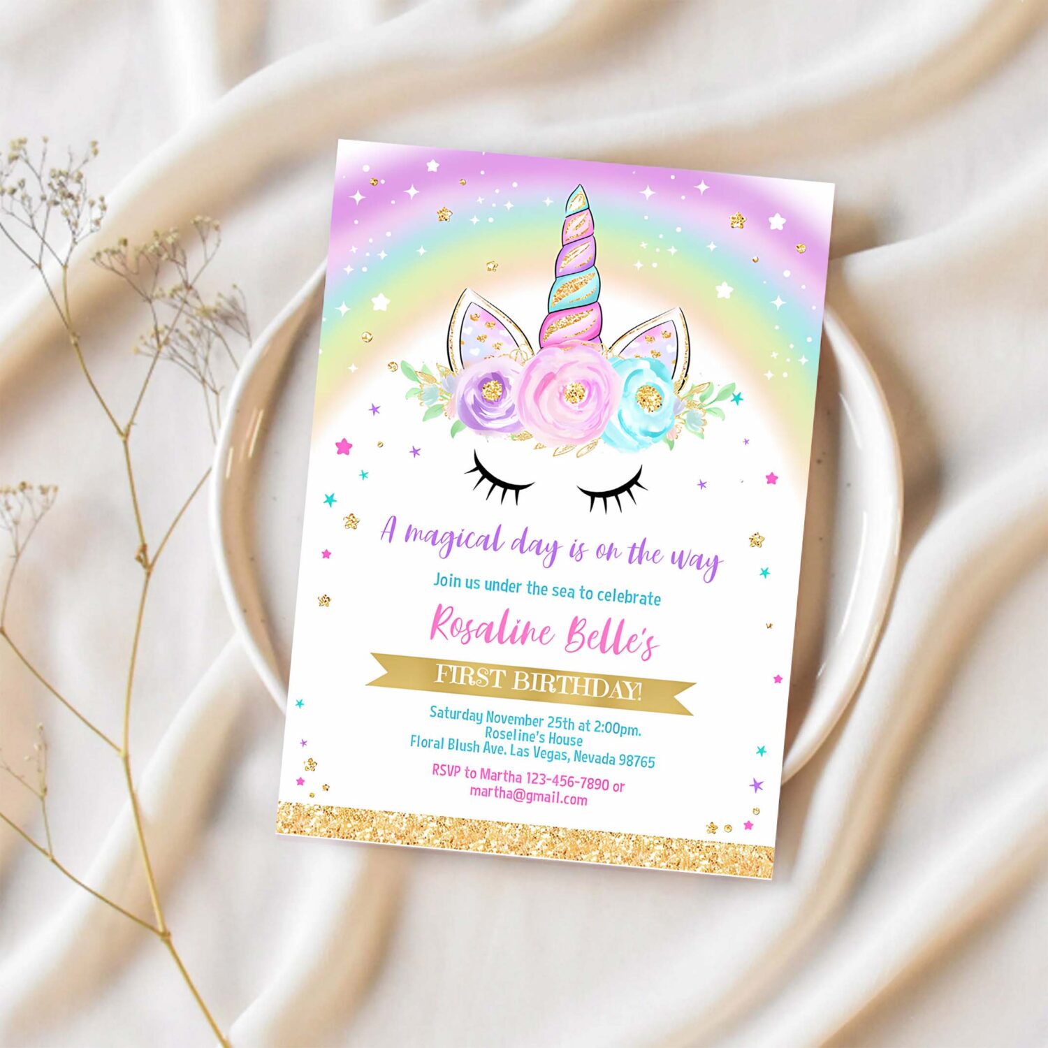 Editable unicorn invitation rainbow unicorn invite unicorn party unicorn birthday magical unicorn girl gold party invite 1