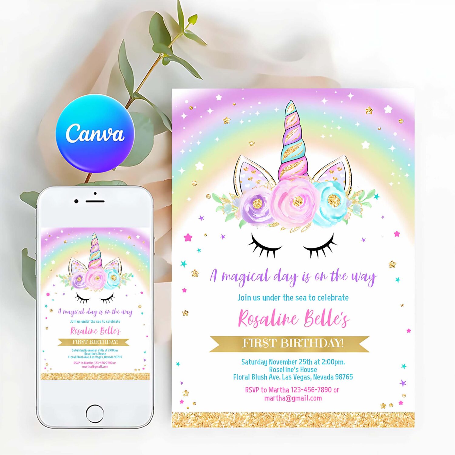 Editable unicorn invitation rainbow unicorn invite unicorn party unicorn birthday magical unicorn girl gold party invite