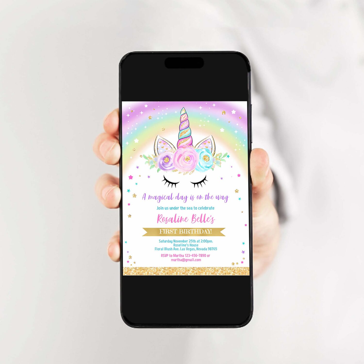 Editable unicorn invitation rainbow unicorn invite unicorn party unicorn birthday magical unicorn girl gold party invite 2