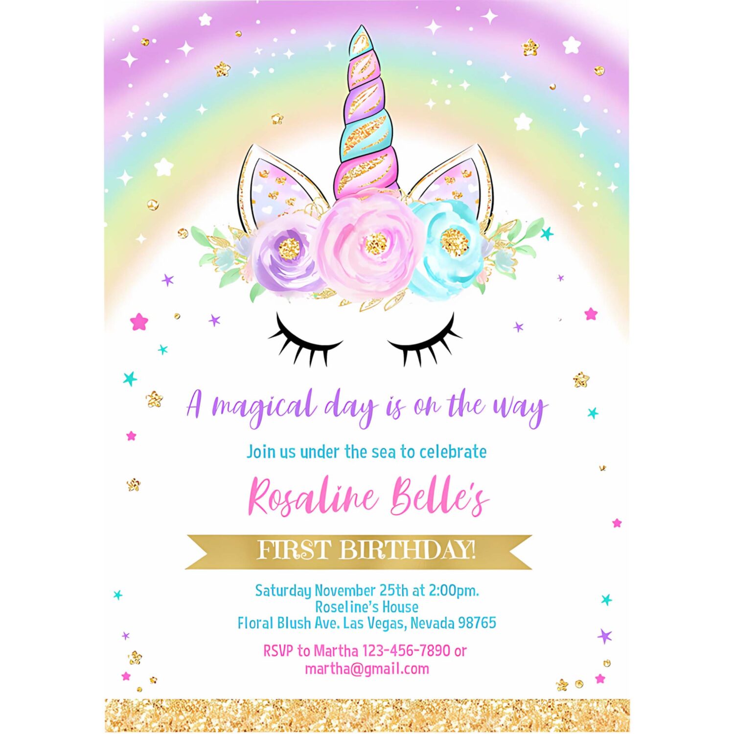 Editable unicorn invitation rainbow unicorn invite unicorn party unicorn birthday magical unicorn girl gold party invite 4