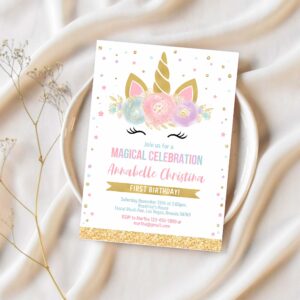 Editable unicorn invitation unicorn party unicorn birthday invitations magical unicorn invite girl gold template 1