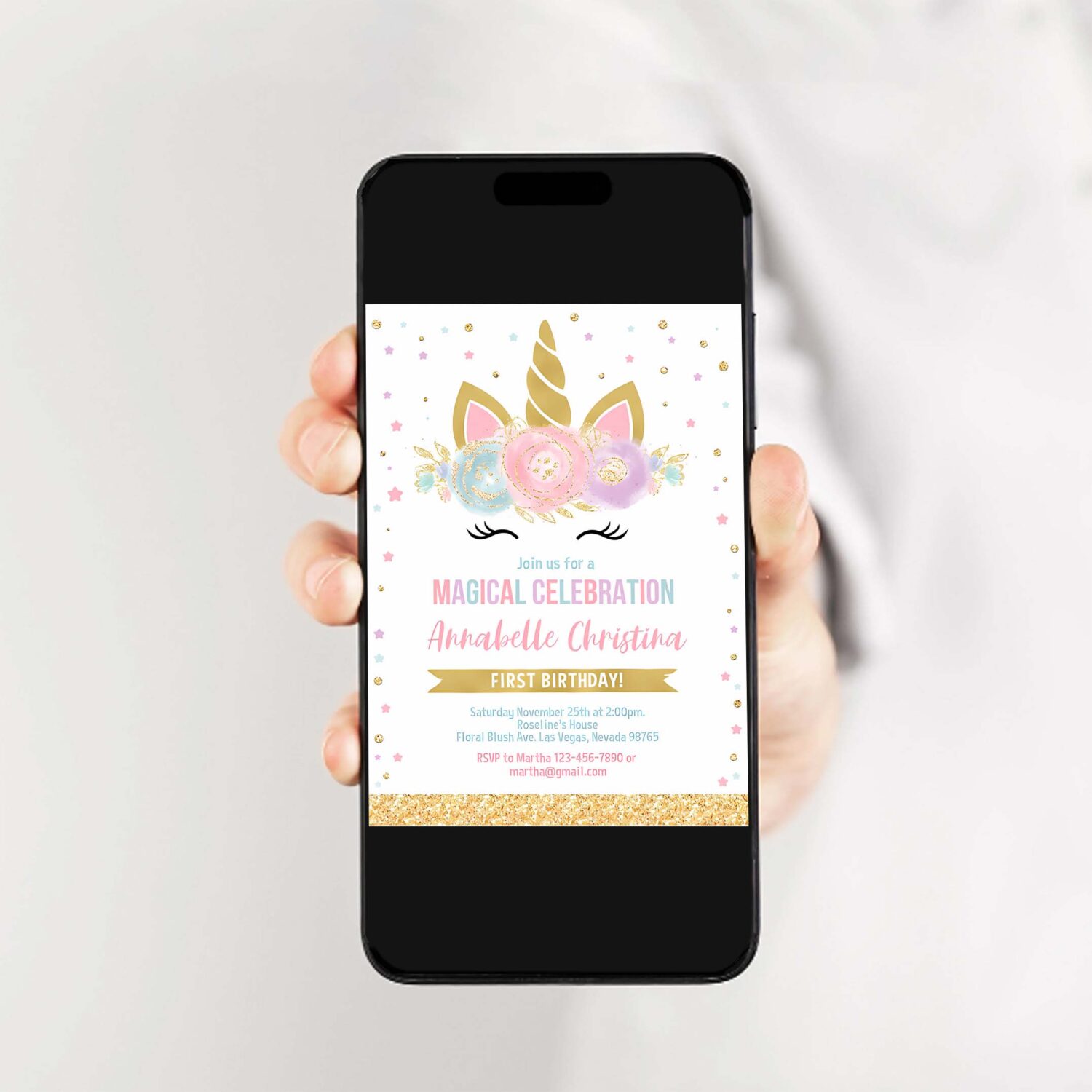 Editable unicorn invitation unicorn party unicorn birthday invitations magical unicorn invite girl gold template 2