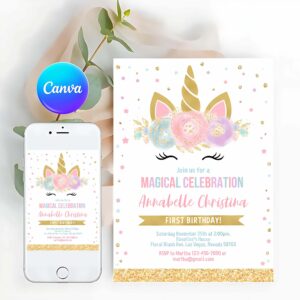 Unicorn Invitation, Unicorn Invitation, Unicorn Party, Unicorn Birthday Invitation, Magical Unicorn Invite, Girl gold Invitation