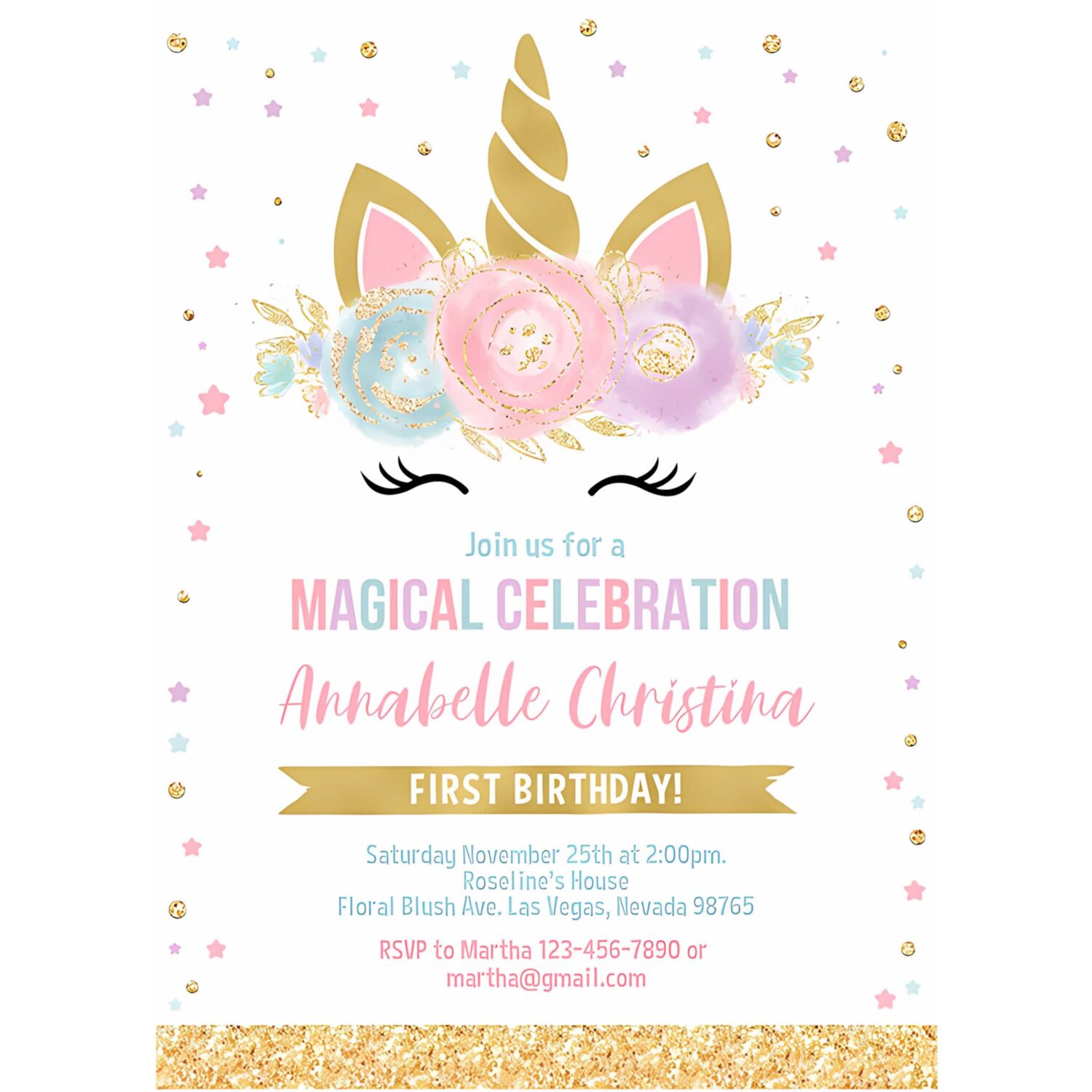 Editable unicorn invitation unicorn party unicorn birthday invitations magical unicorn invite girl gold template 4