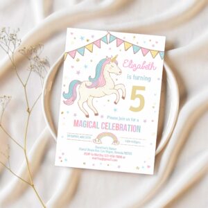 Editable unicorn invitation unicorn party unicorn birthday magical unicorn invite girl pastel gold template 1