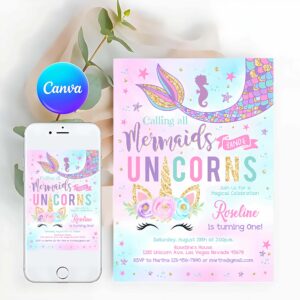 Mermaid Invitation, Unicorn Mermaid Birthday Invitation, Unicorn party, Magical Unicorn Party Invitation