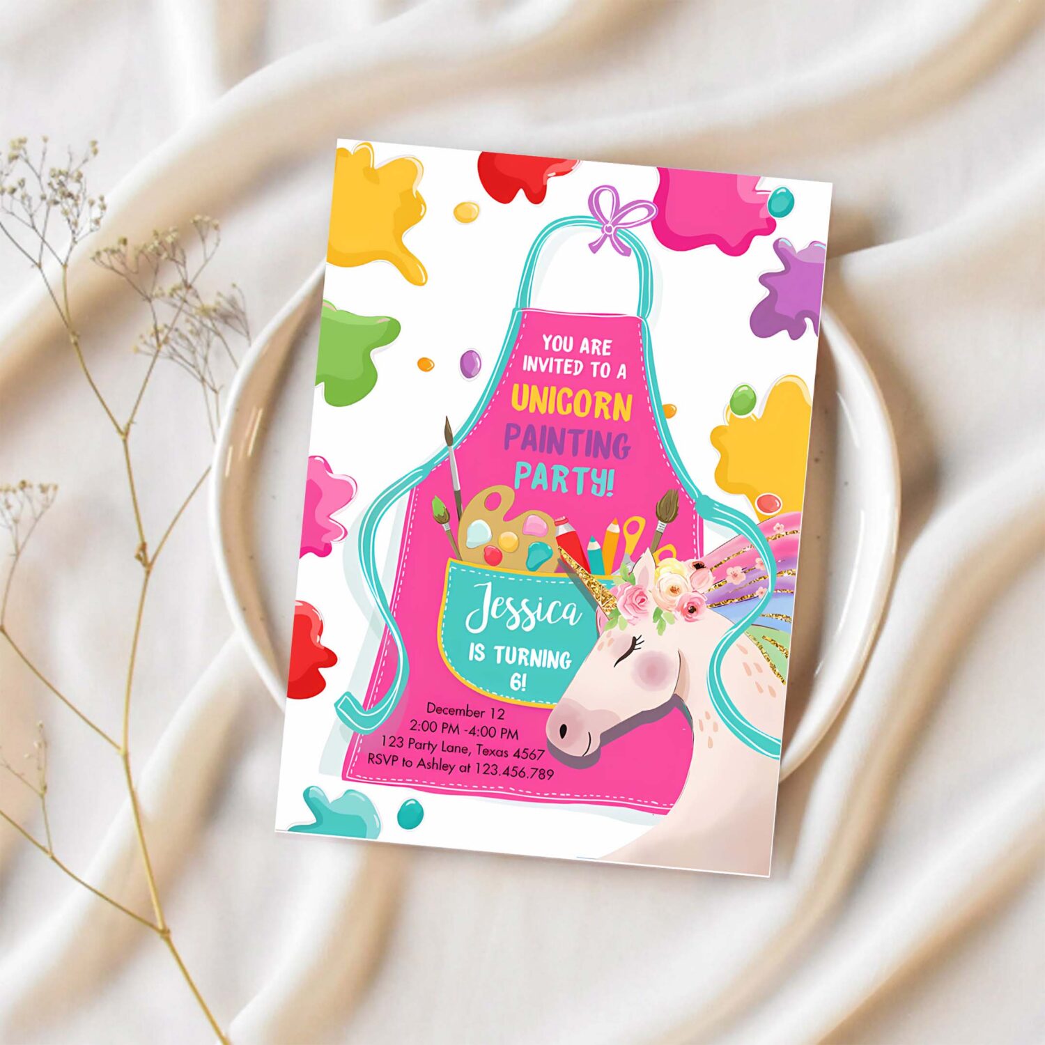 Editable unicorn painting party invitation art party birthday invite girl paint craft party download printable template digital corjl 0319 1