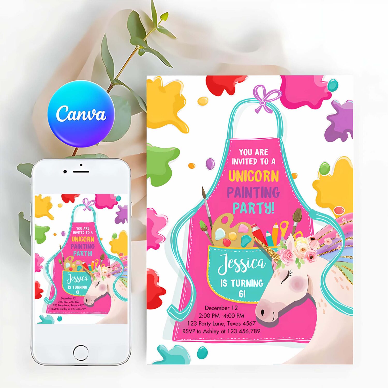 Editable unicorn painting party invitation art party birthday invite girl paint craft party download printable template digital corjl 0319