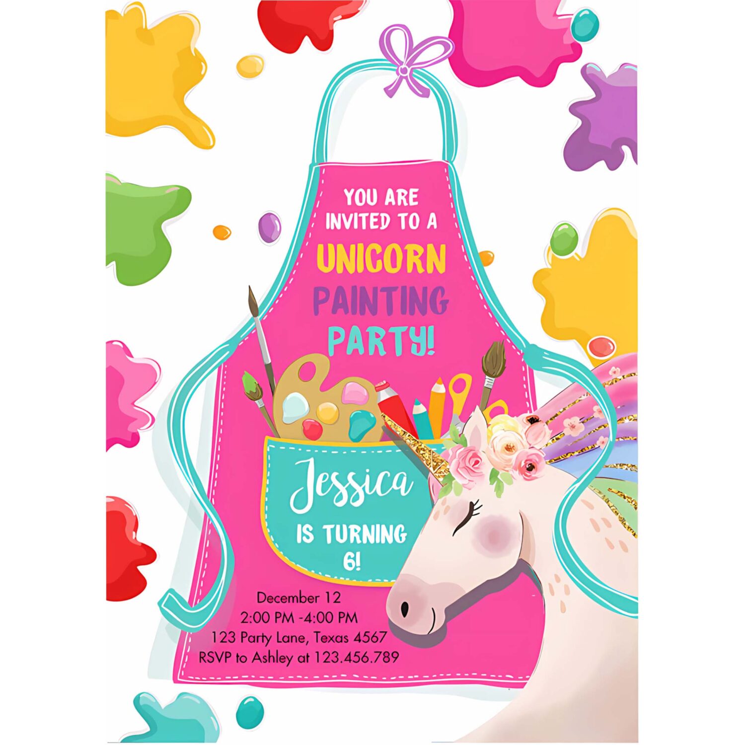 Editable unicorn painting party invitation art party birthday invite girl paint craft party download printable template digital corjl 0319 4