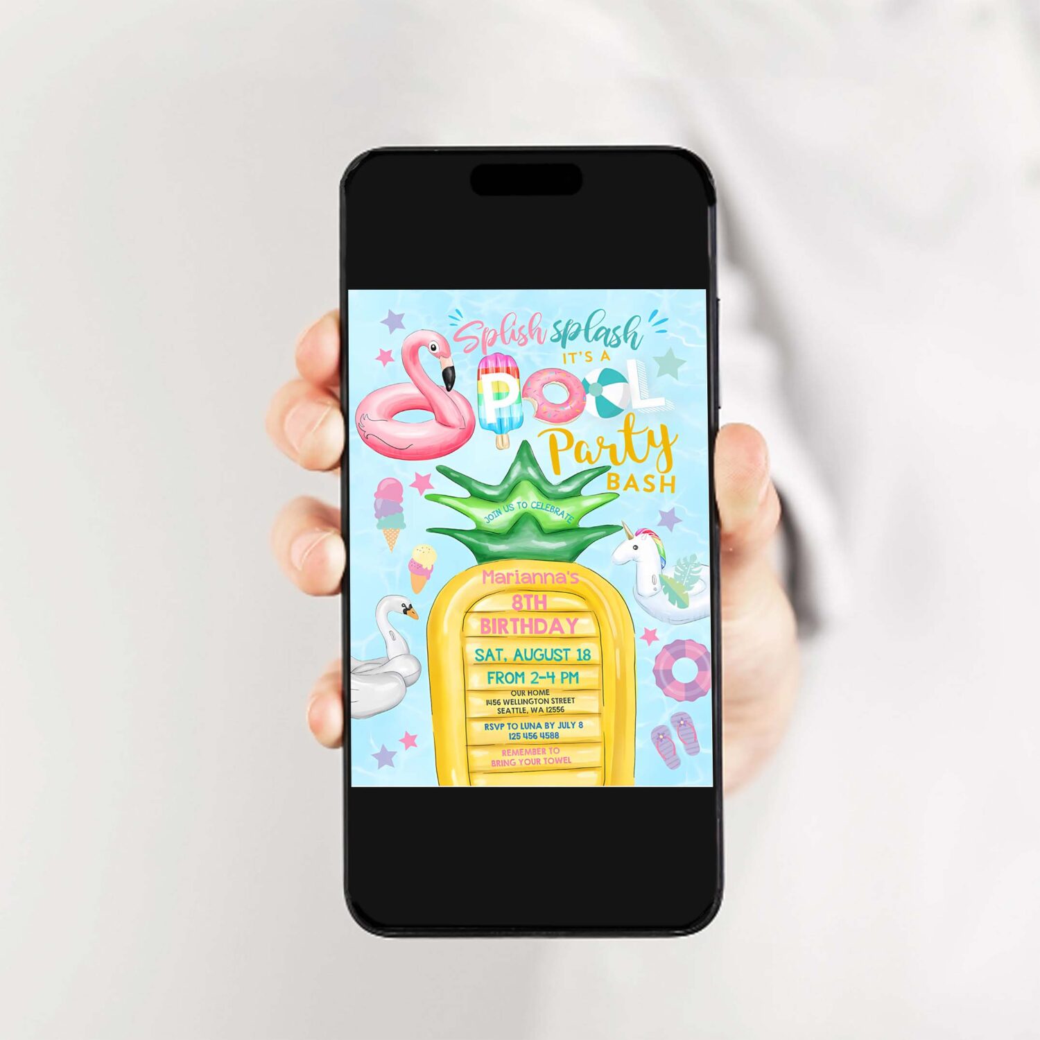 Editable unicorn pool party invitation invite flamingo pineapple pool part party teens birthday invite 2