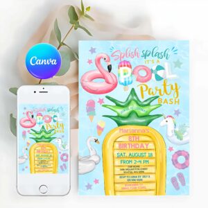 Pool Party Invitation, Invite Flamingo Pineapple Pool Part Party, Teens Birthday, Invitation