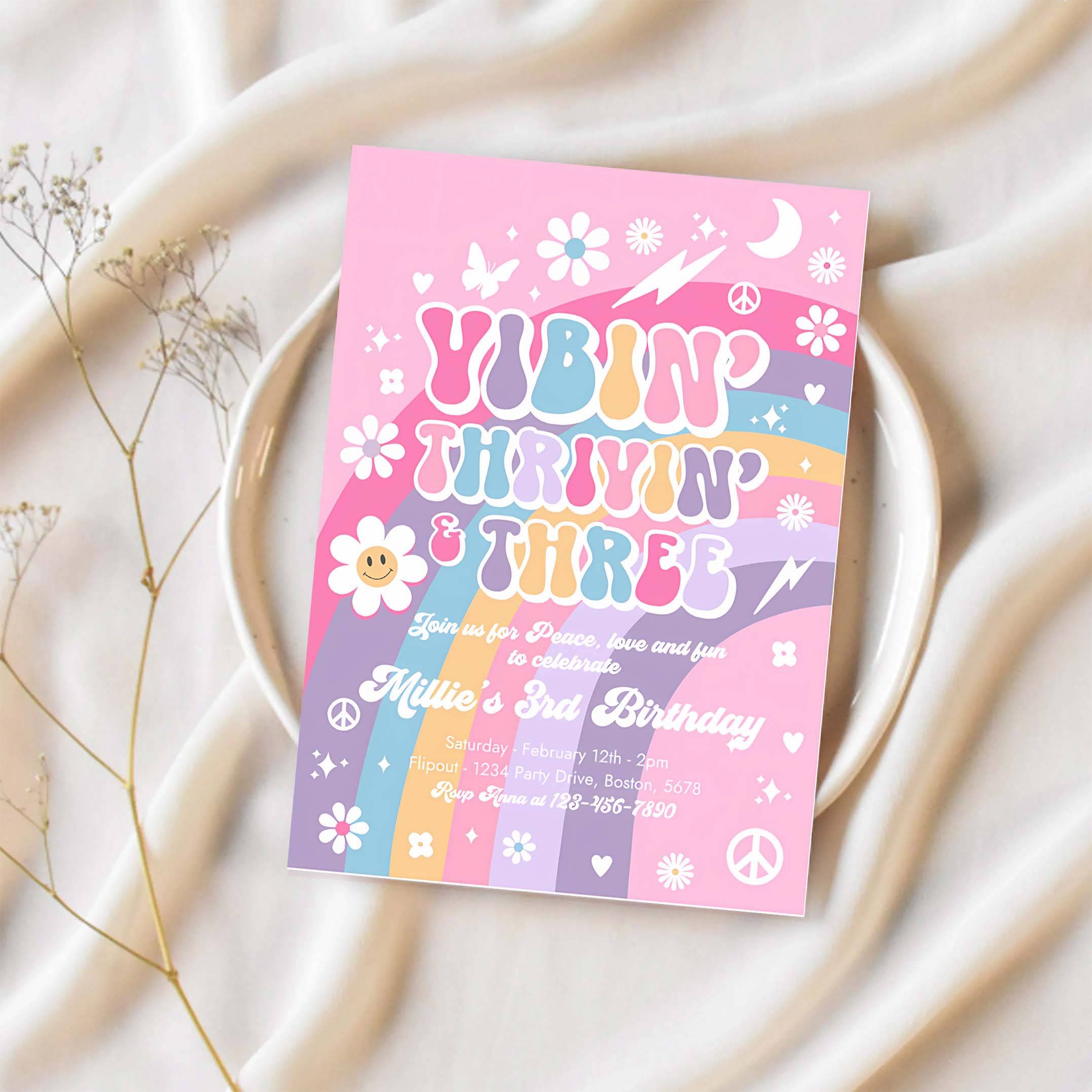 Editable Vibin Thrivin And Three 3rd Birthday Invitation Pink Purple Blue Groovy Rainbow Party Hippie 70s Birthday
