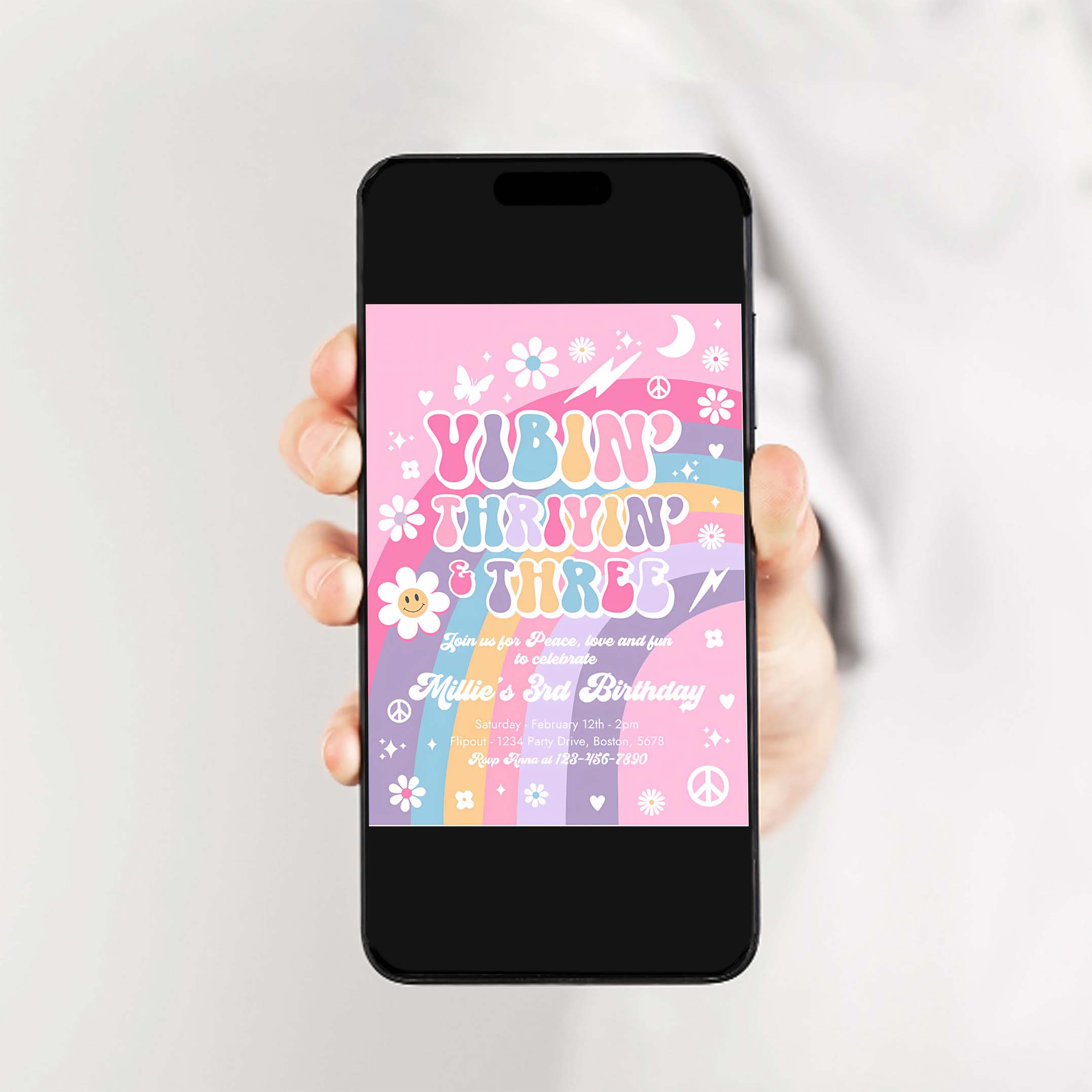 Editable Vibin Thrivin And Three 3rd Birthday Invitation Pink Purple Blue Groovy Rainbow Party Hippie 70s Birthday