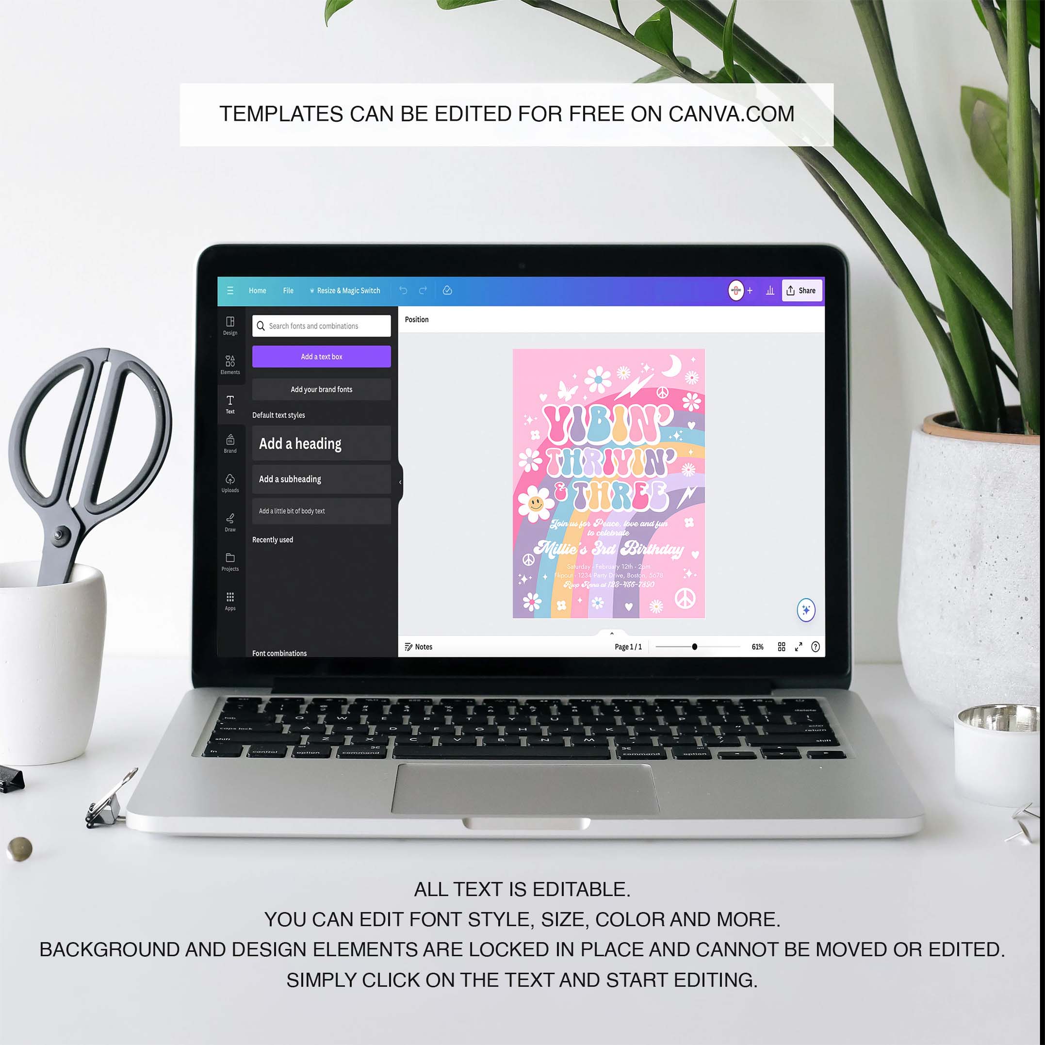 Editable Vibin Thrivin And Three 3rd Birthday Invitation Pink Purple Blue Groovy Rainbow Party Hippie 70s Birthday