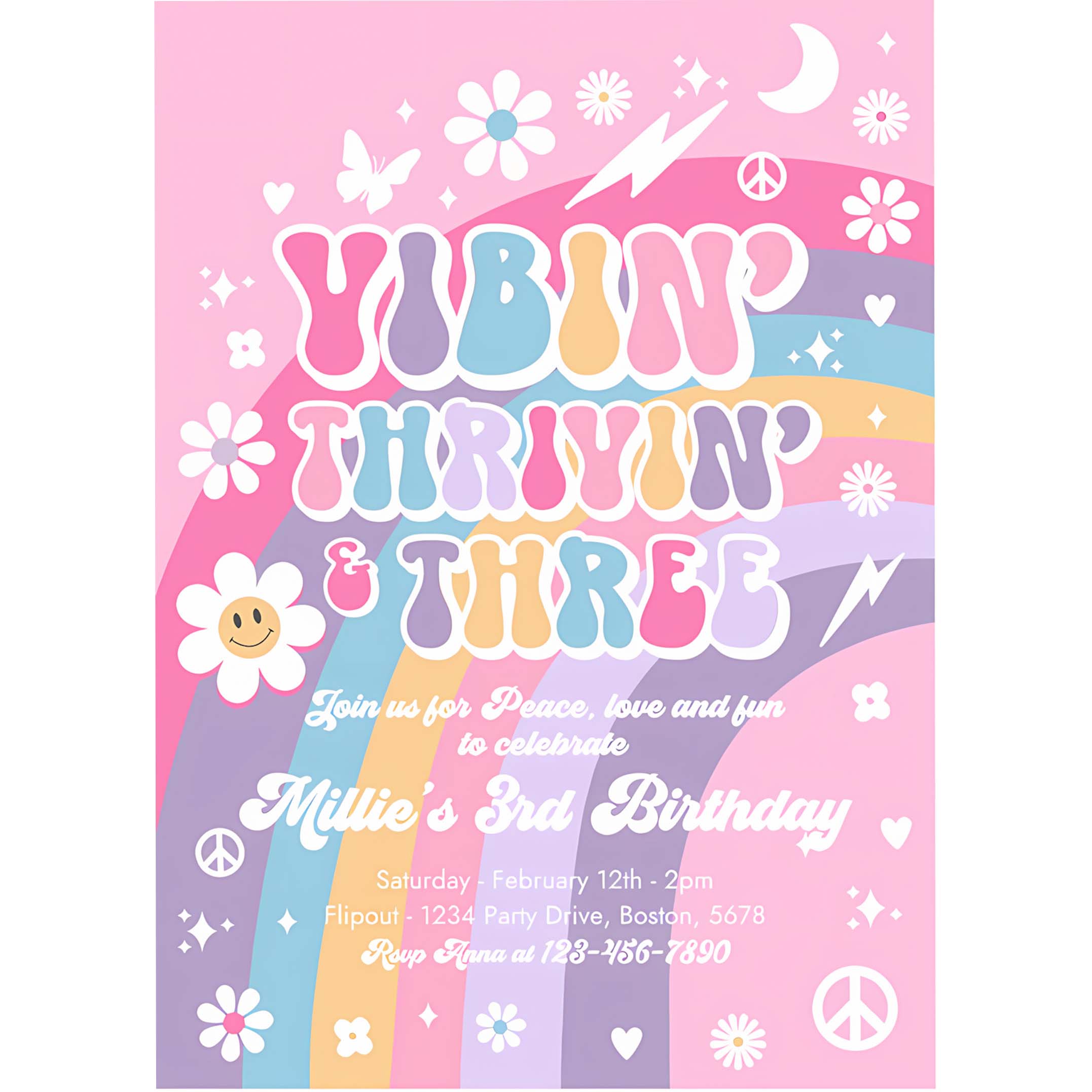 Editable Vibin Thrivin And Three 3rd Birthday Invitation Pink Purple Blue Groovy Rainbow Party Hippie 70s Birthday