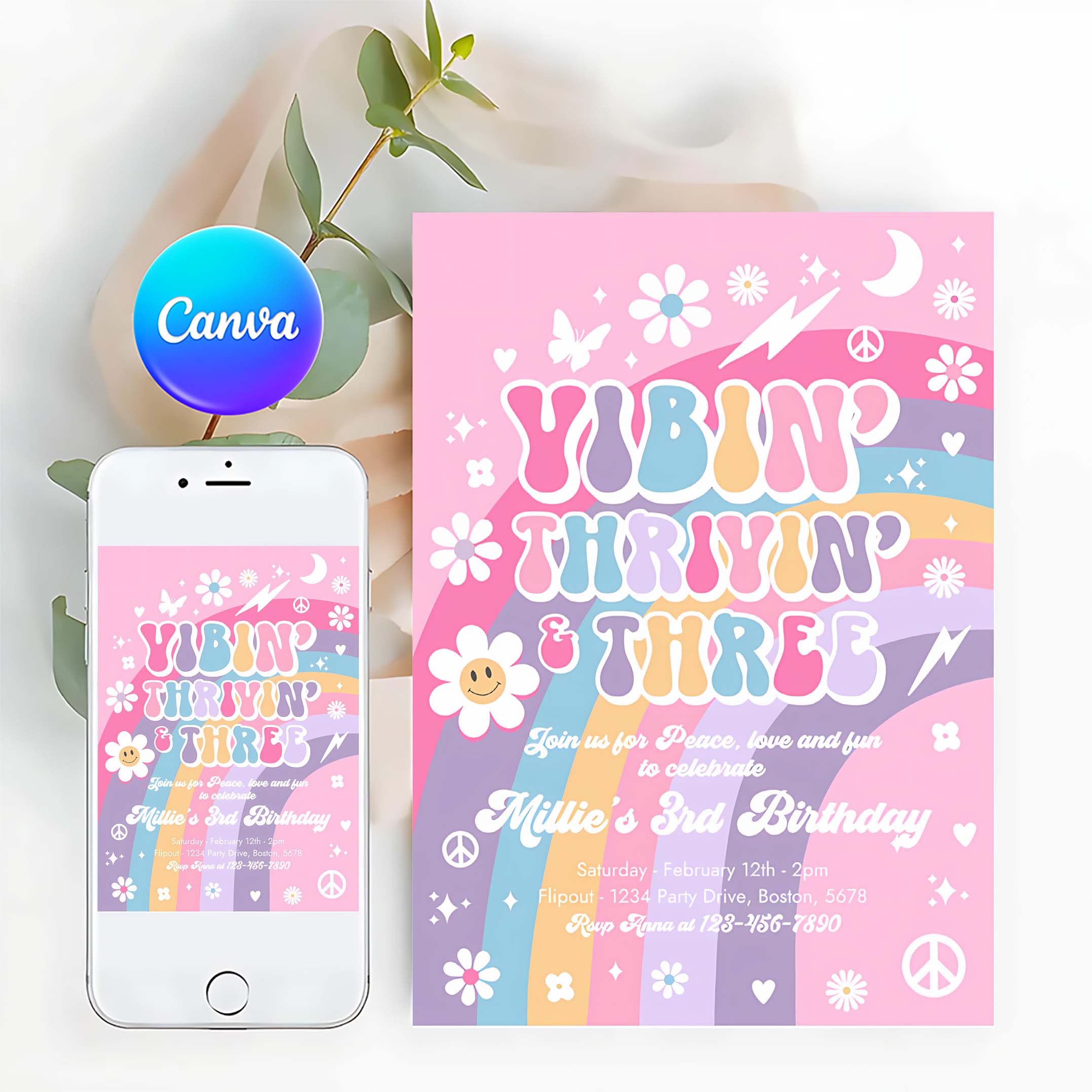 Editable Vibin Thrivin And Three 3rd Birthday Invitation Pink Purple Blue Groovy Rainbow Party Hippie 70s Birthday