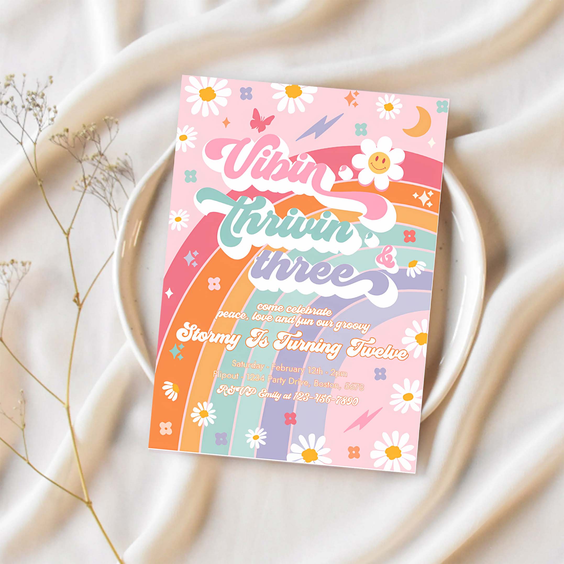 Editable Vibin Thrivin And Three 3rd Birthday Party Invitation Peace Love Groovy Rainbow Party Hippie 70s Birthday