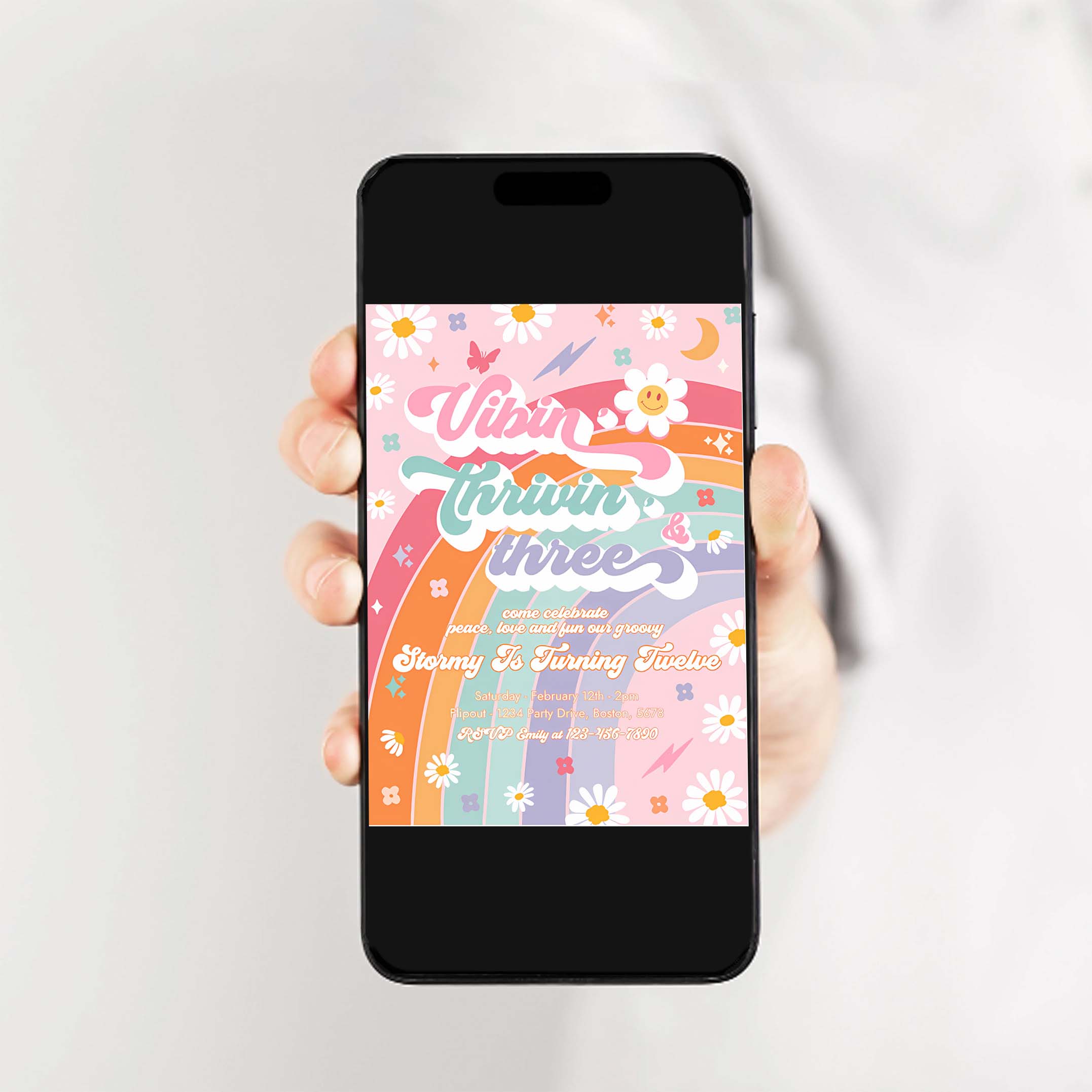 Editable Vibin Thrivin And Three 3rd Birthday Party Invitation Peace Love Groovy Rainbow Party Hippie 70s Birthday