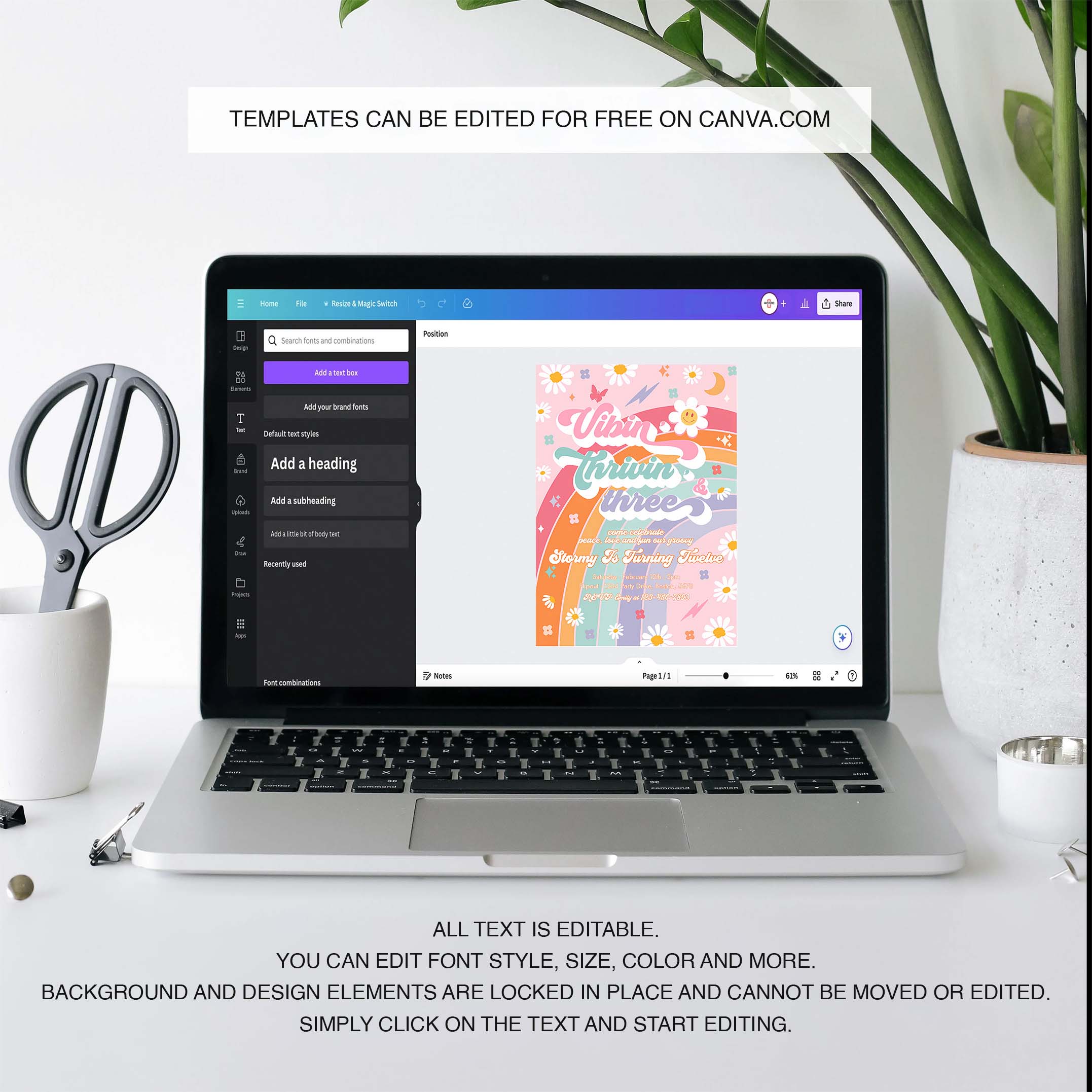 Editable Vibin Thrivin And Three 3rd Birthday Party Invitation Peace Love Groovy Rainbow Party Hippie 70s Birthday