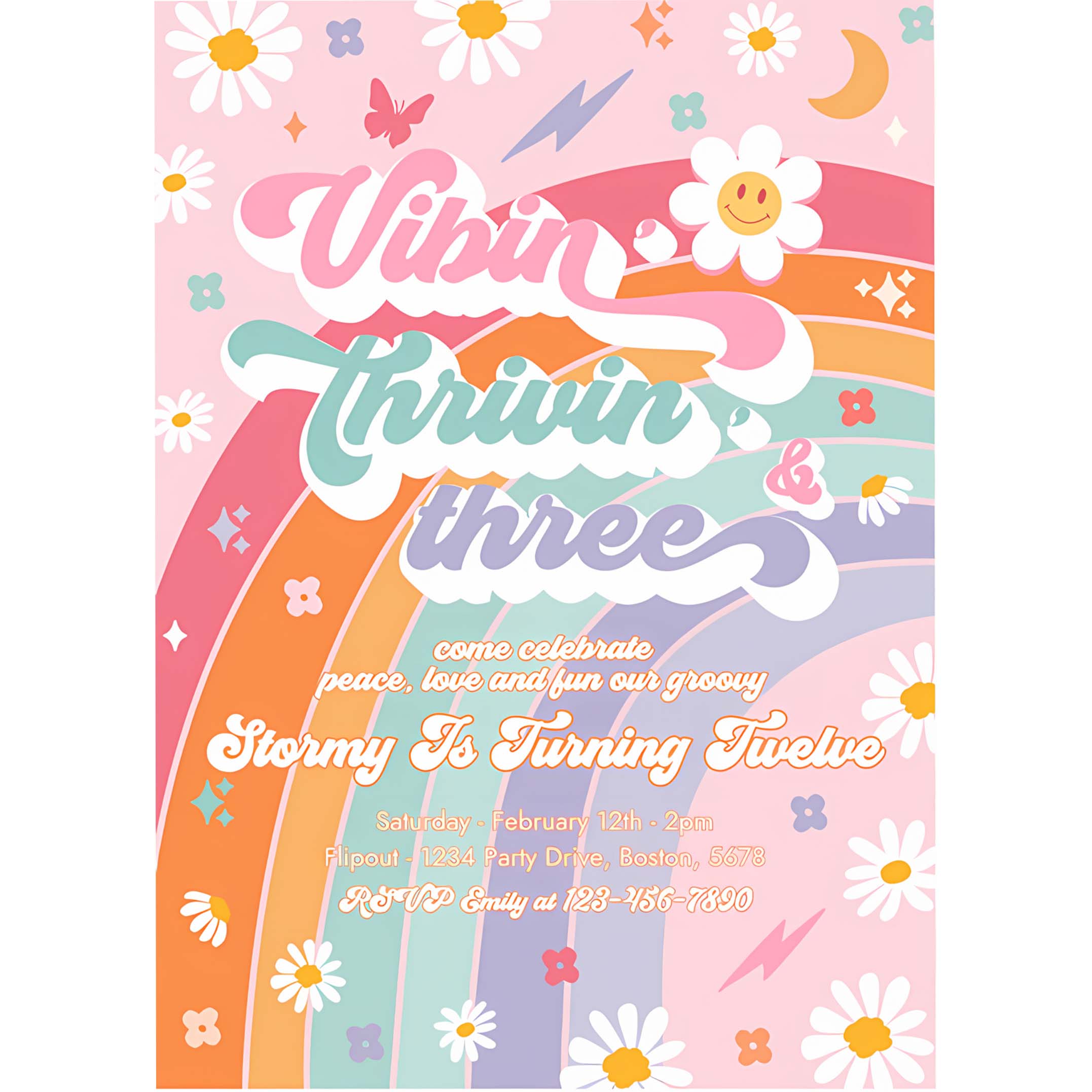 Editable Vibin Thrivin And Three 3rd Birthday Party Invitation Peace Love Groovy Rainbow Party Hippie 70s Birthday