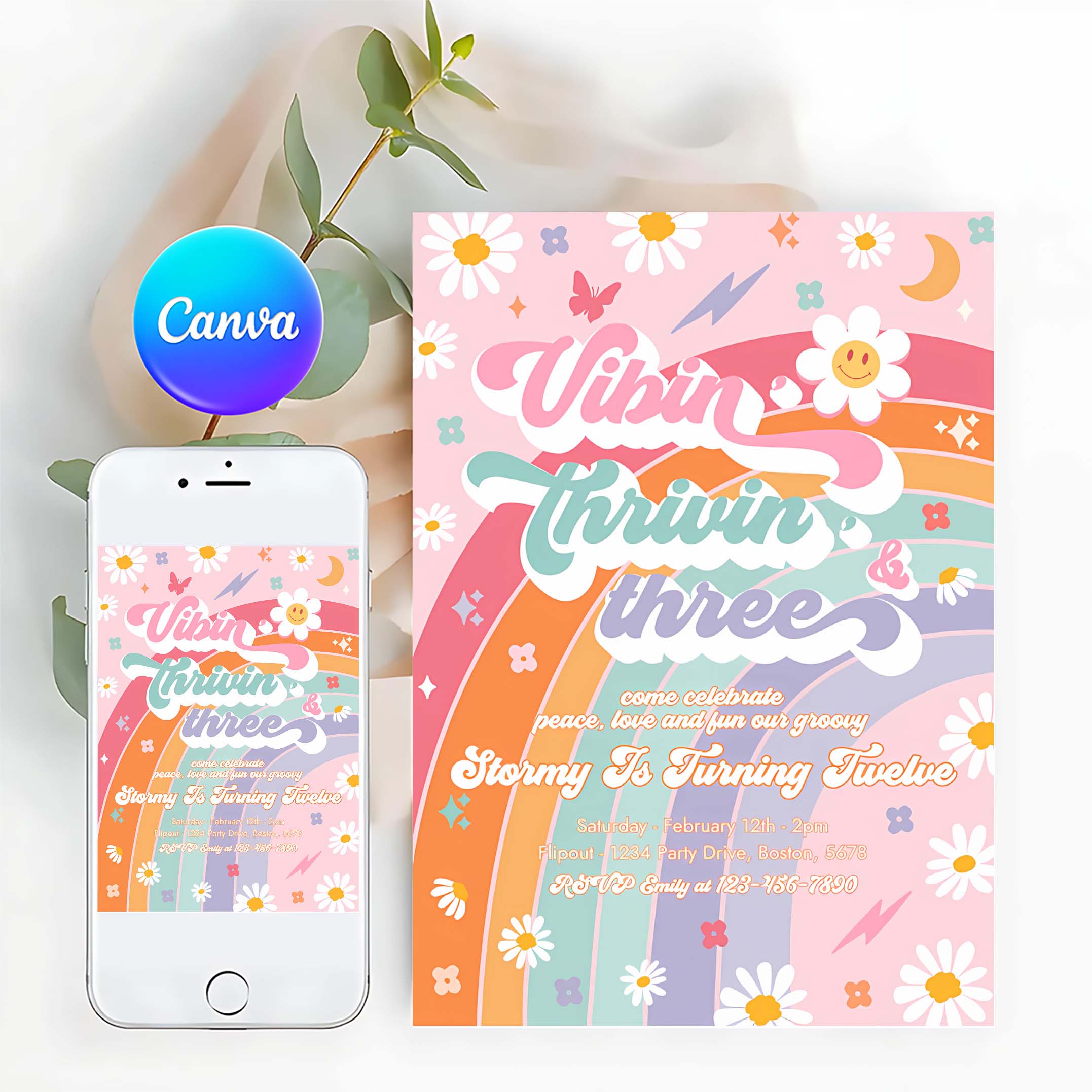 Editable Vibin Thrivin And Three 3rd Birthday Party Invitation Peace Love Groovy Rainbow Party Hippie 70s Birthday