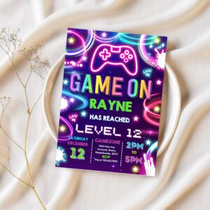 Editable video game birthday invitation gamer girl birthday party neon game on level up birthday party glow gamer party 1