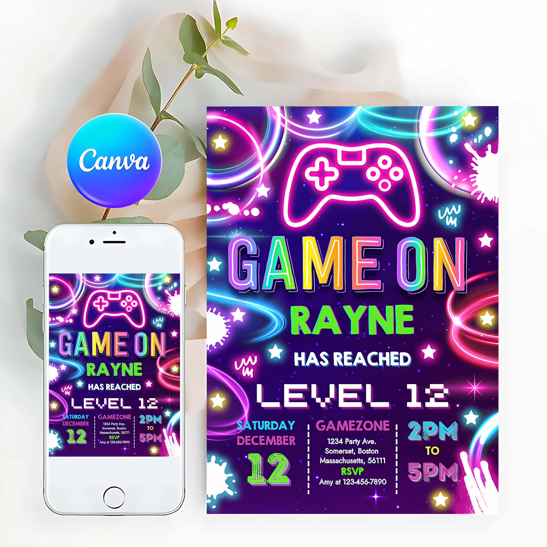 Editable Video Game Birthday Invitation Gamer Girl Birthday Party Neon Game On Level Up Birthday Party Glow Gamer Party