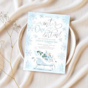 Editable winter onederland invitation blue winter sleigh 1st birthday invitation christmas holiday sleigh birthday party 1