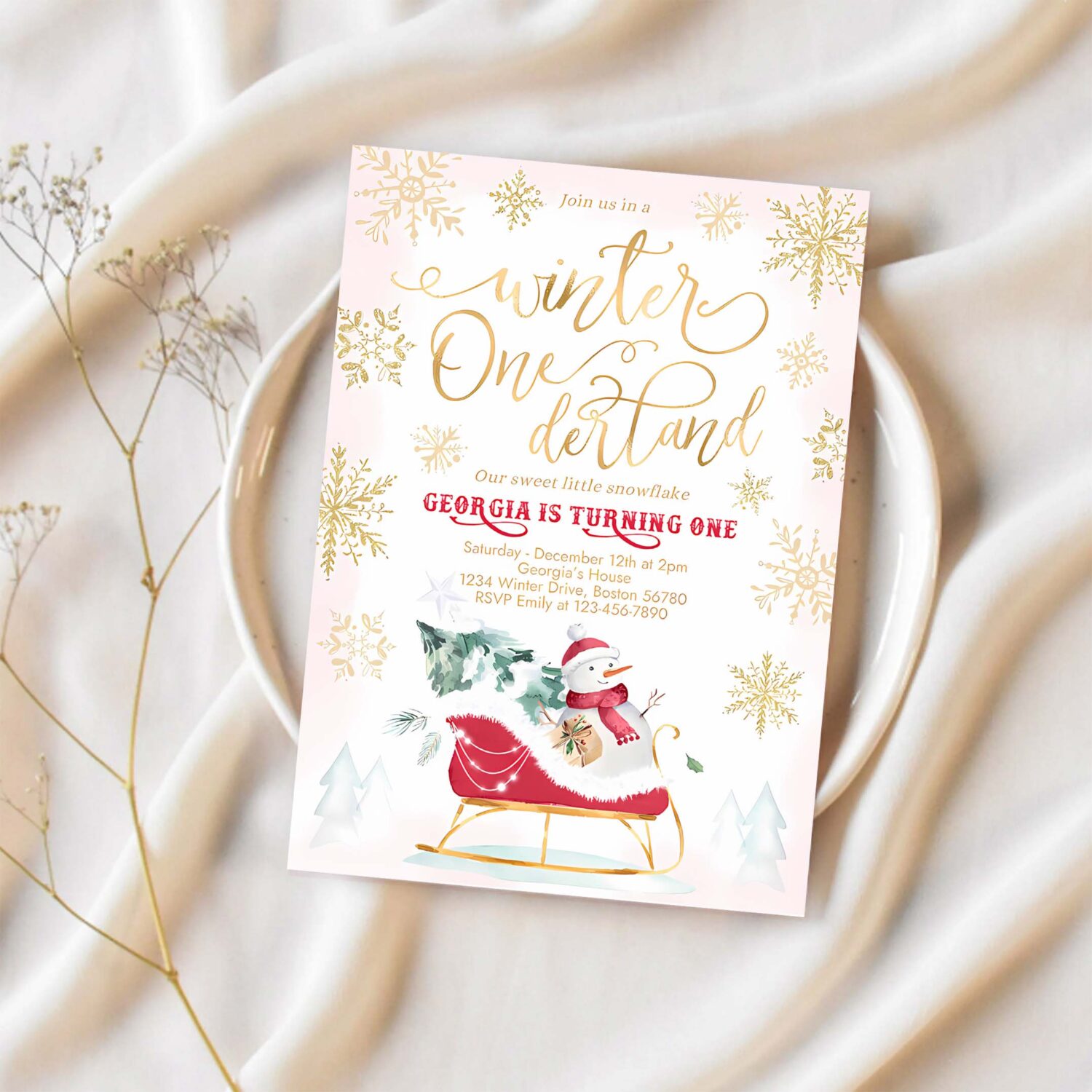 Editable winter onederland invitation red winter sleigh 1st birthday invitation christmas holiday sleigh birthday party 1