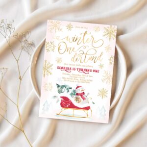 Editable winter onederland invitation red winter sleigh 1st birthday invitation christmas holiday sleigh birthday party 1