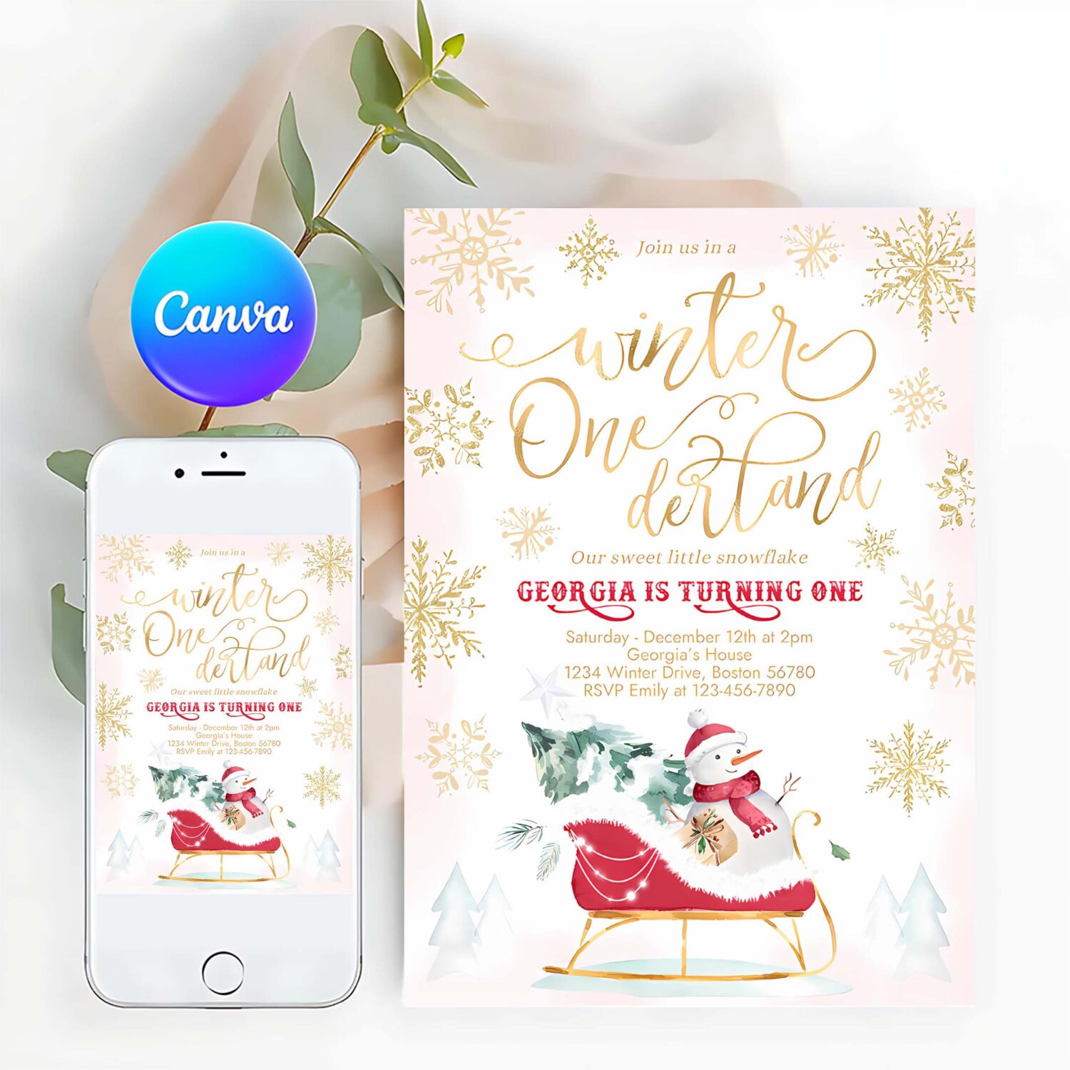 Editable winter onederland invitation red winter sleigh 1st birthday invitation christmas holiday sleigh birthday party