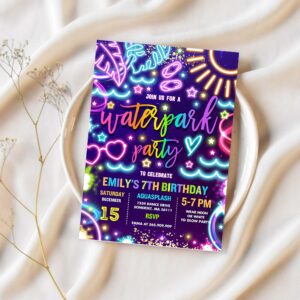 Editable water park birthday party invitation glow neon aquapark summer water slide splash pad water park birthday party instant download tx 1