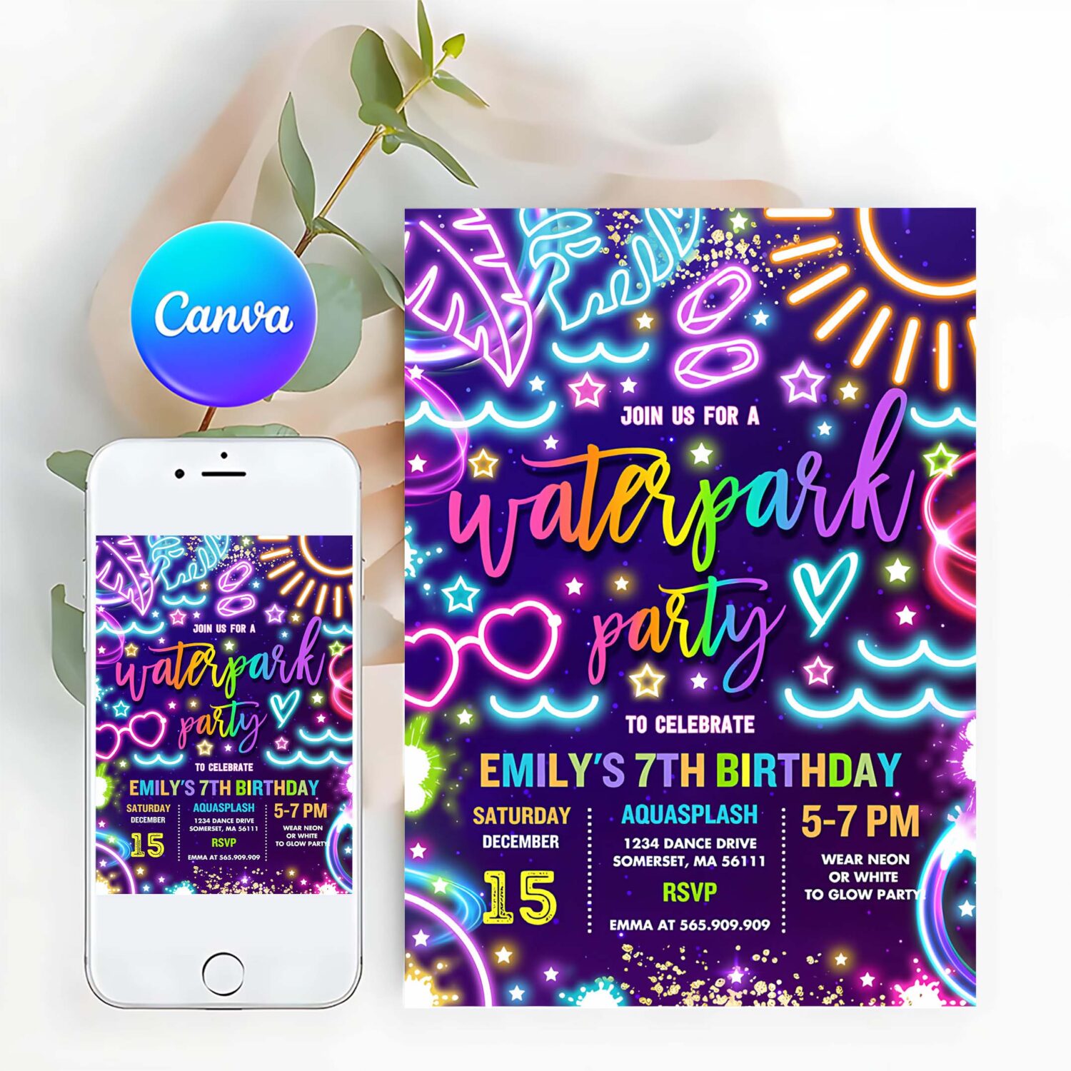 Editable water park birthday party invitation glow neon aquapark summer water slide splash pad water park birthday party instant download tx