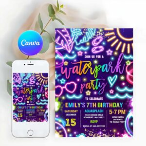 Water Slide Invitation, Water Park Birthday Party Invitation Glow Neon Aquapark Summer Water Slide Splash Pad Water Park Birthday Party
