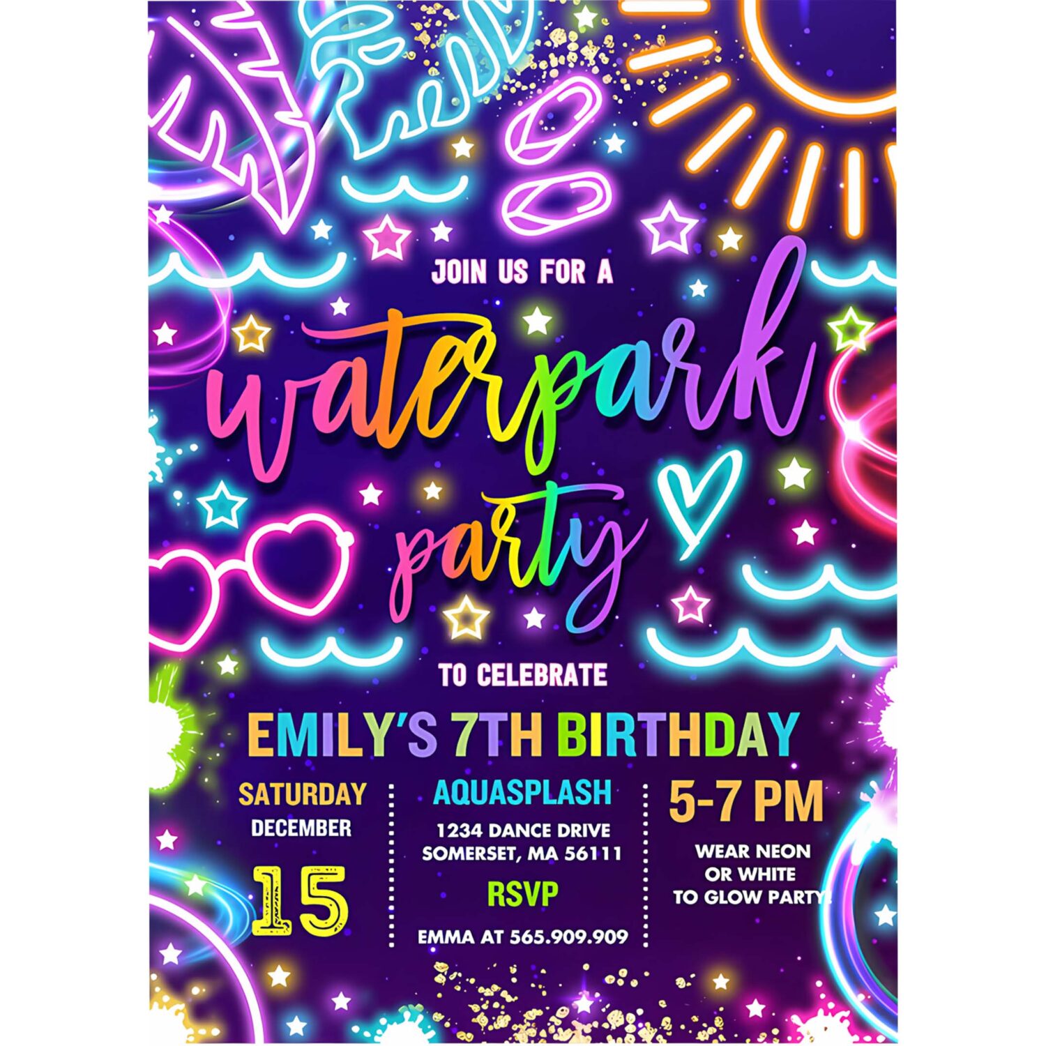 Editable water park birthday party invitation glow neon aquapark summer water slide splash pad water park birthday party instant download tx 4