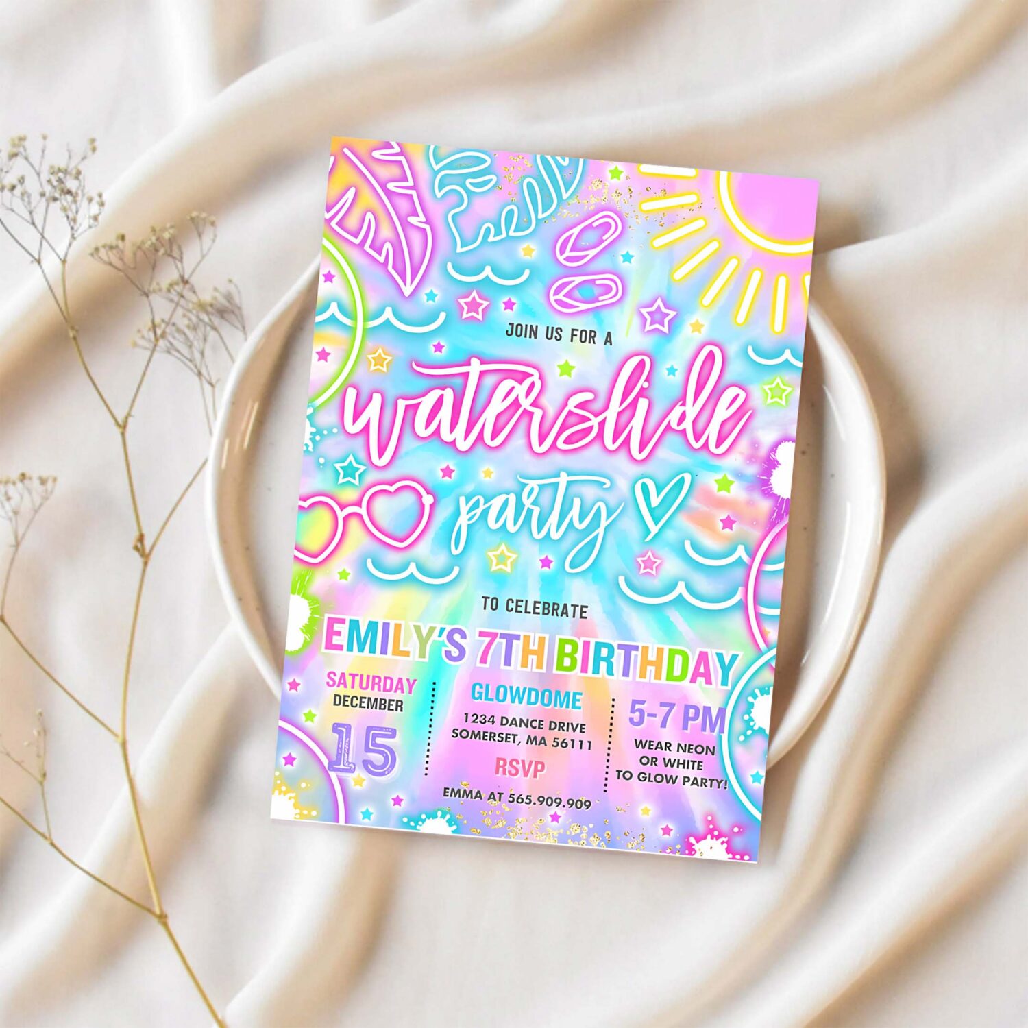 Editable water slide birthday party invitation glow neon tie dye summer water slide splash pad water park birthday party instant download y3 1