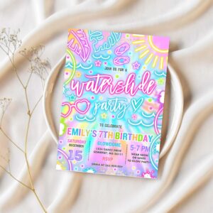Editable water slide birthday party invitation glow neon tie dye summer water slide splash pad water park birthday party instant download y3 1