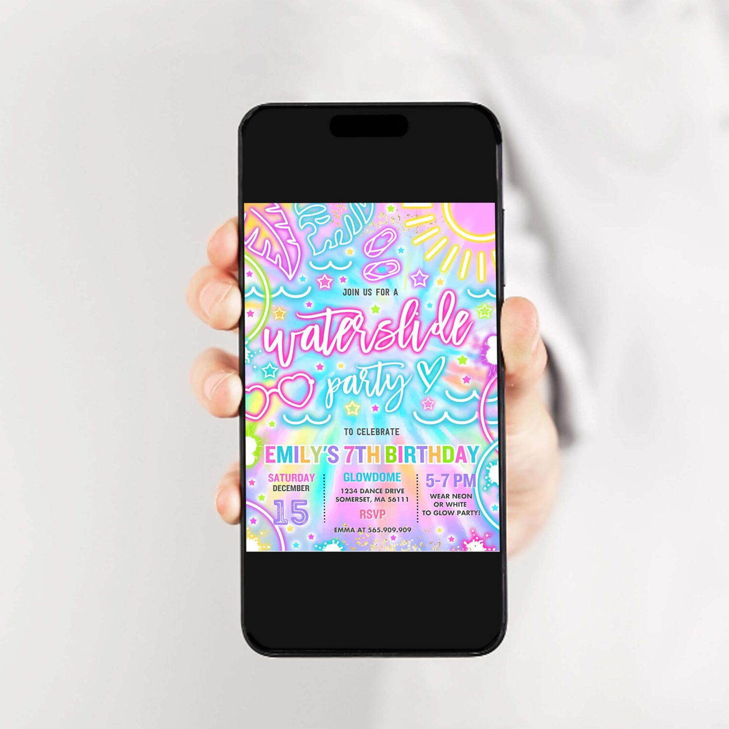 Editable water slide birthday party invitation glow neon tie dye summer water slide splash pad water park birthday party instant download y3 2