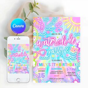 Tie Dye Invitation, Water Slide Birthday Party Invitation Glow Neon Tie Dye Summer Water Slide Splash Pad Water Park Birthday Party