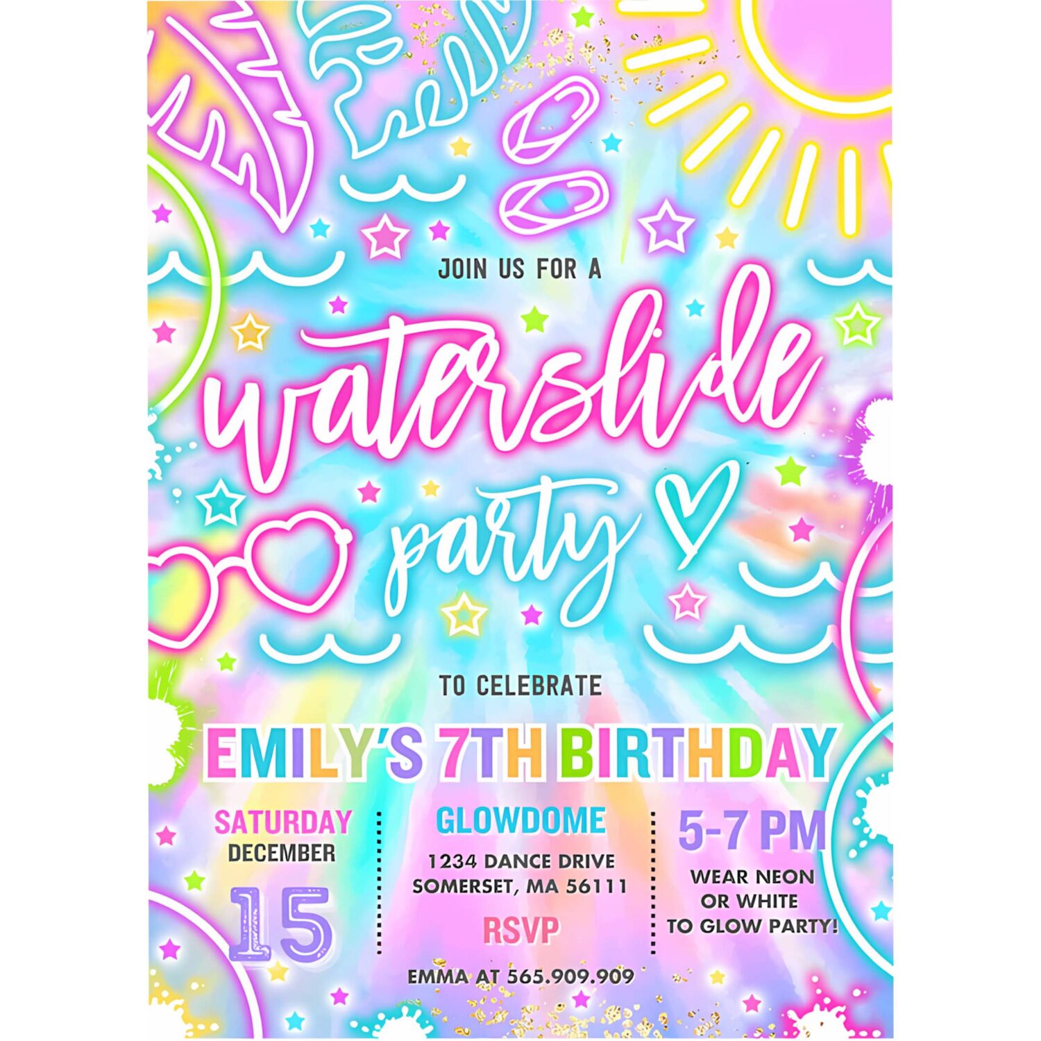 Editable water slide birthday party invitation glow neon tie dye summer water slide splash pad water park birthday party instant download y3 4