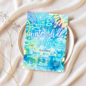 Editable water slide birthday party invitation glow neon tie dye summer water slide splash pad water park party instant download qa2 1